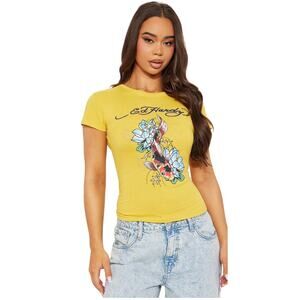 Ed Hardy Koi Fish Floral Graphic Tee, Yellow Short Sleeve, Y2K, Women's